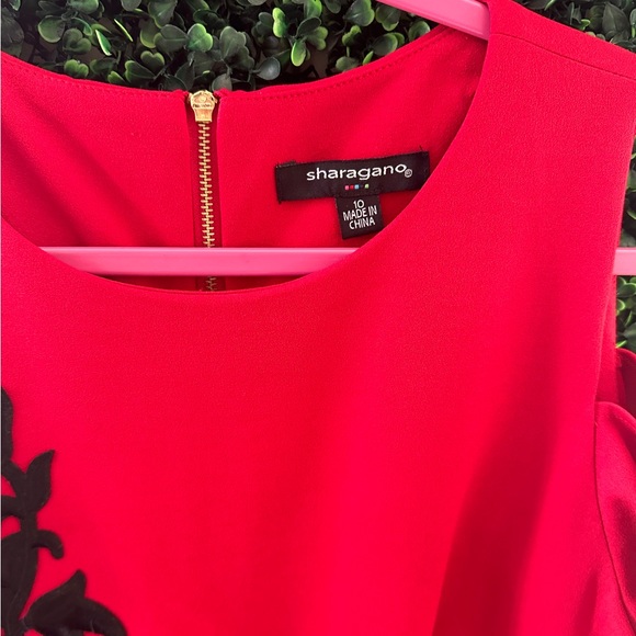 Sharagano Red Cold Shoulder Dress with Black Embroidery Detail - Picture 5 of 6